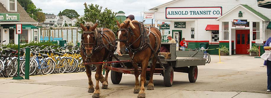 Horse-drawn cargo wagon on Mackinac Island, Lake Huron, Michigan